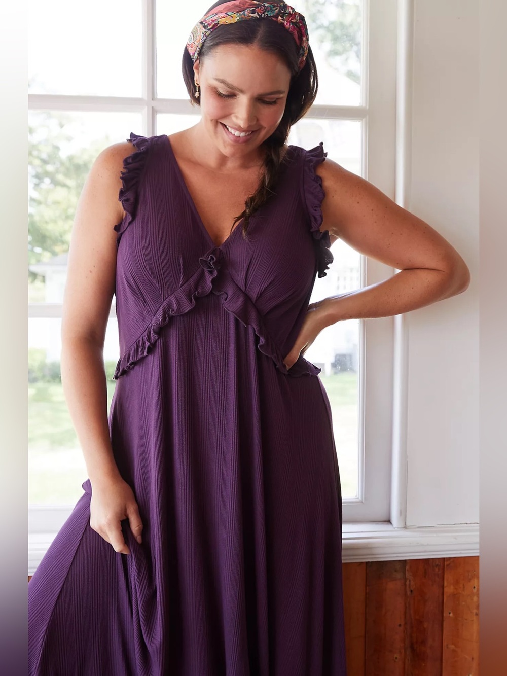 Anthropologie Deep-V Ruffle Trim Maxi Dress | Stretch Knit | Romantic | Size M - Picture 2 of 8